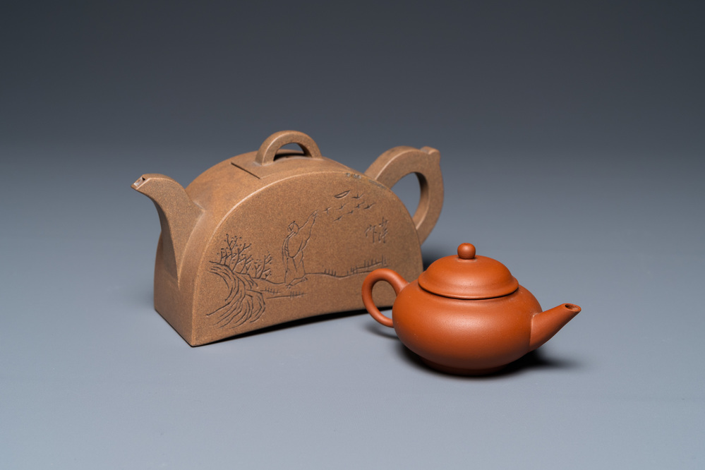 Two Chinese Yixing stoneware teapots with engraved inscriptions, 20th C.