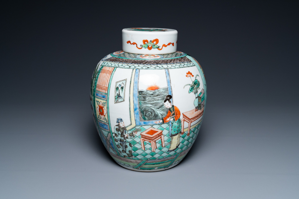 A large Chinese famille verte jar and cover, 19th C.