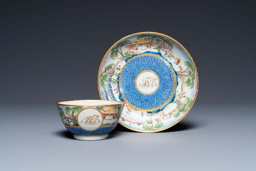 A rare Chinese Canton famille rose cup and saucer, 19th C.