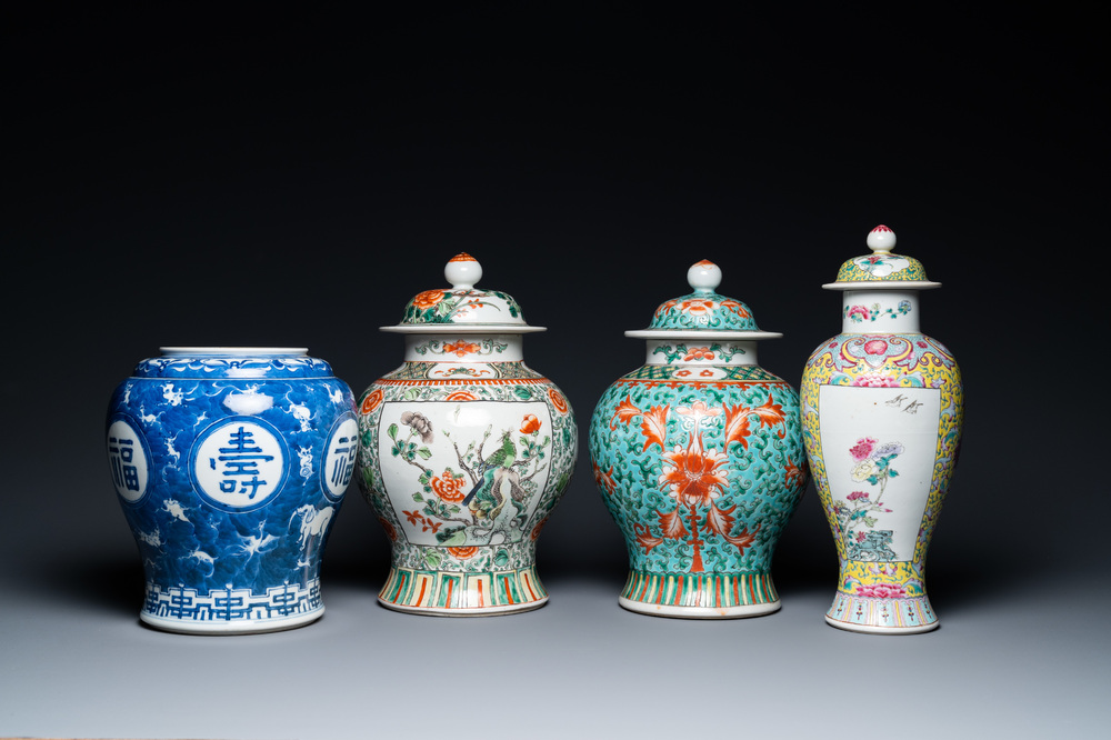 Four various Chinese famille rose, verte and blue and white vases, 19/20th C.