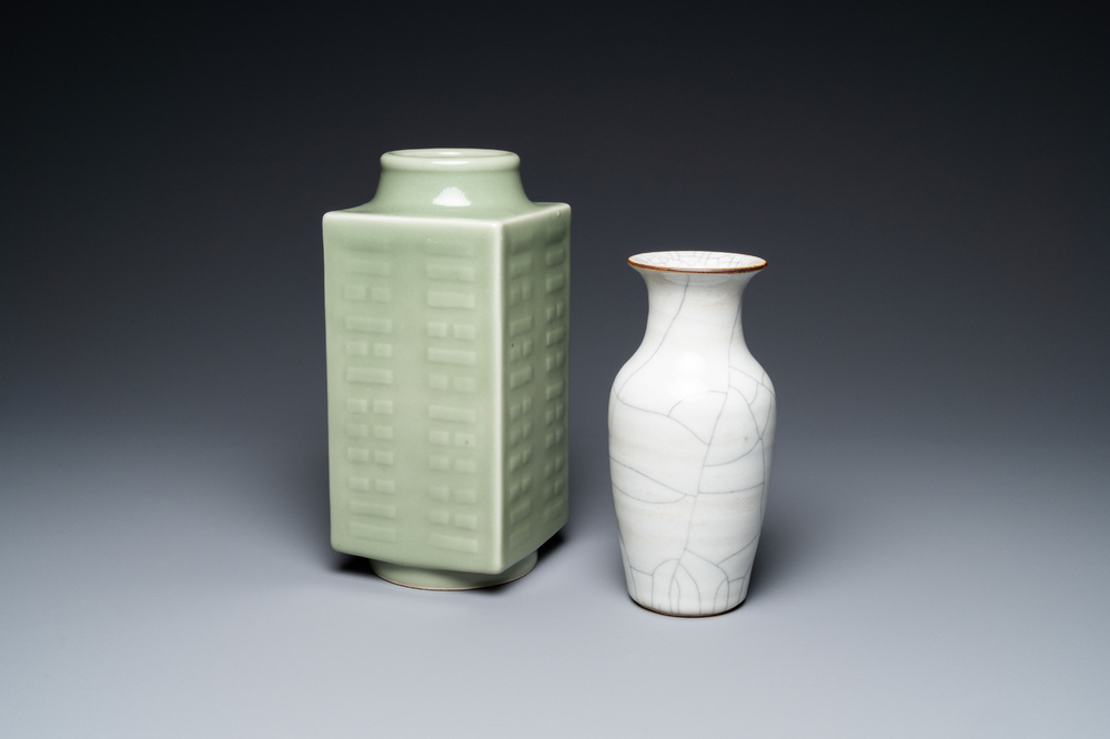 A Chinese celadon 'cong' vase with trigrams and a crackle-glazed vase, 19/20th C.