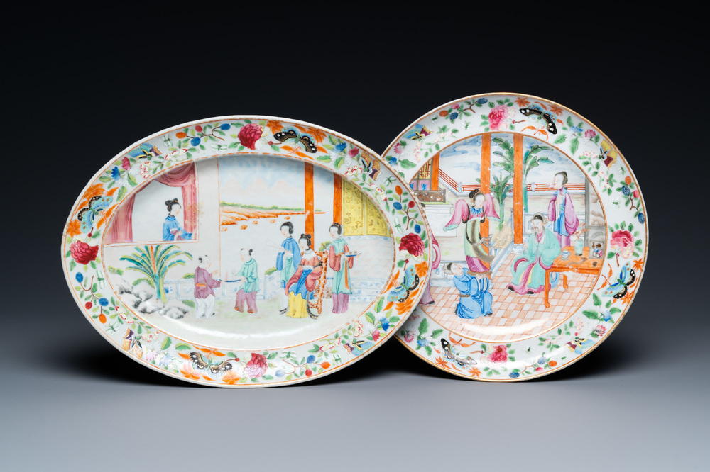 Un plat ovale et un plat rond en porcelaine de Chine famille rose de Canton, 19&egrave;me
