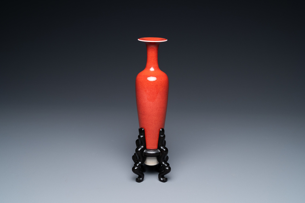 A Chinese slender 'peach bloom'-glazed vase, Kangxi mark but probably later