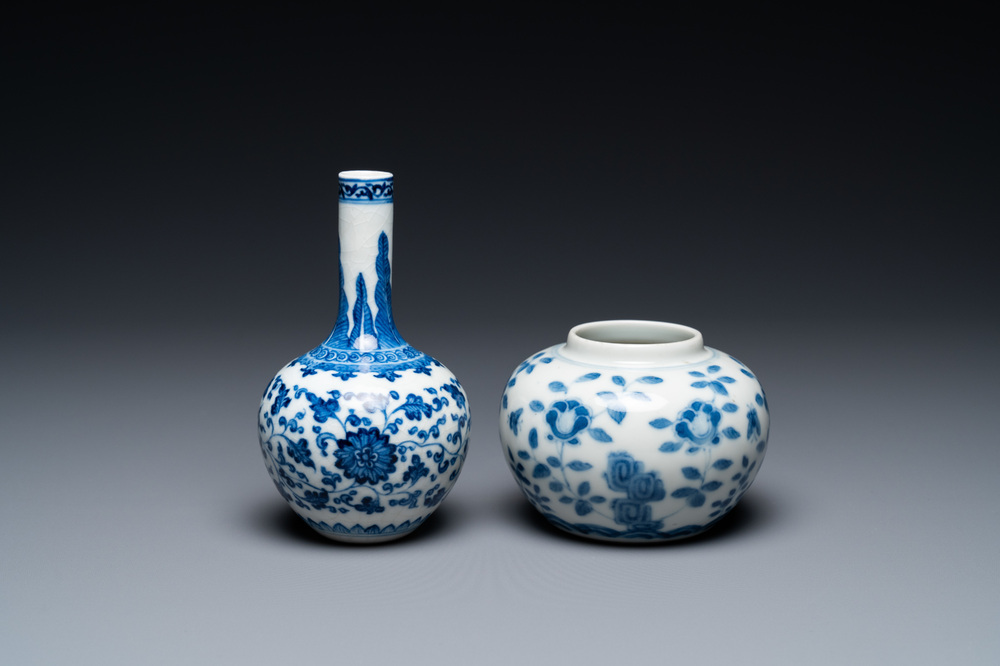 A Chinese blue and white 'soft paste' Ming-style bottle vase and a water pot, Qianlong and 19th C.