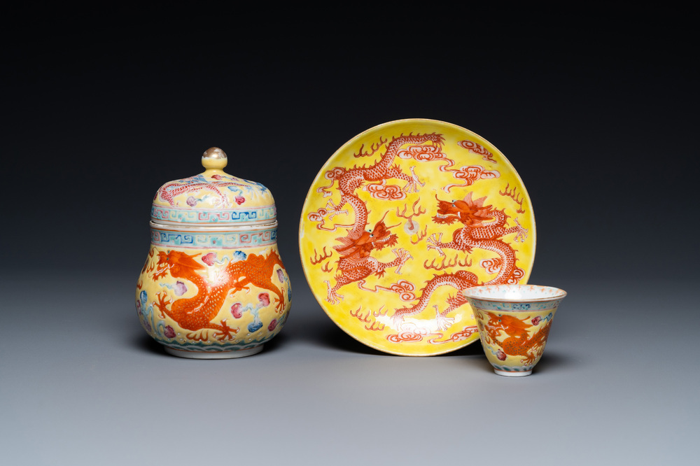 A Chinese yellow-ground 'dragon' tazza, a covered bowl and a wine cup, 19/20th C.
