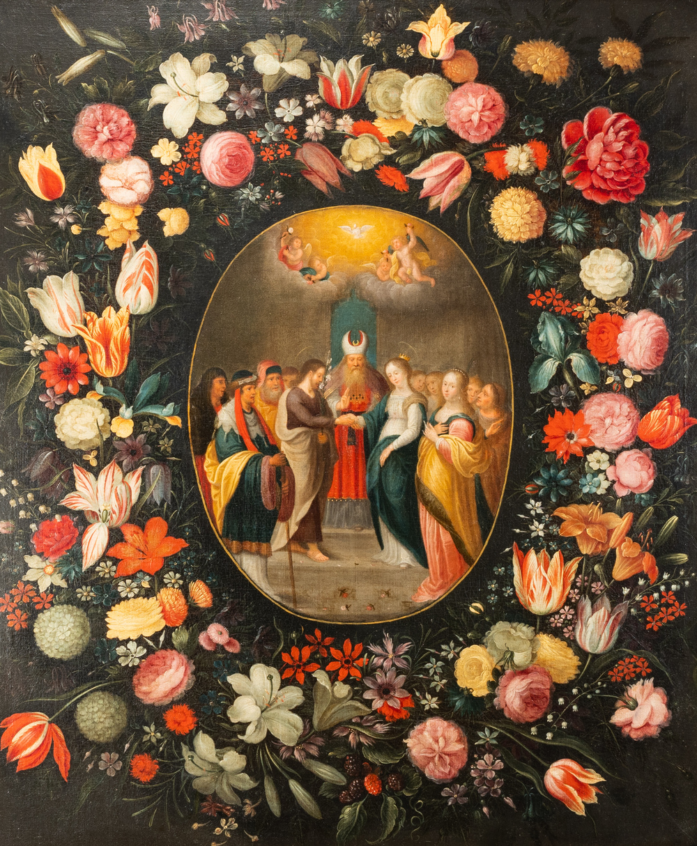 Andries Daniels (c. 1580-1640), attribu&eacute; &agrave;: 'Le mariage de Marie et Joseph' dans un m&eacute;daillon ovale entour&eacute; d'une guirlande florale, huile sur toile