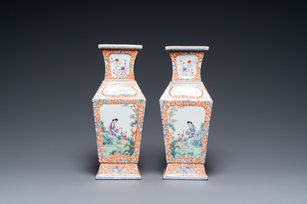 A pair of Chinese square famille rose vases, Qianlong mark, Republic