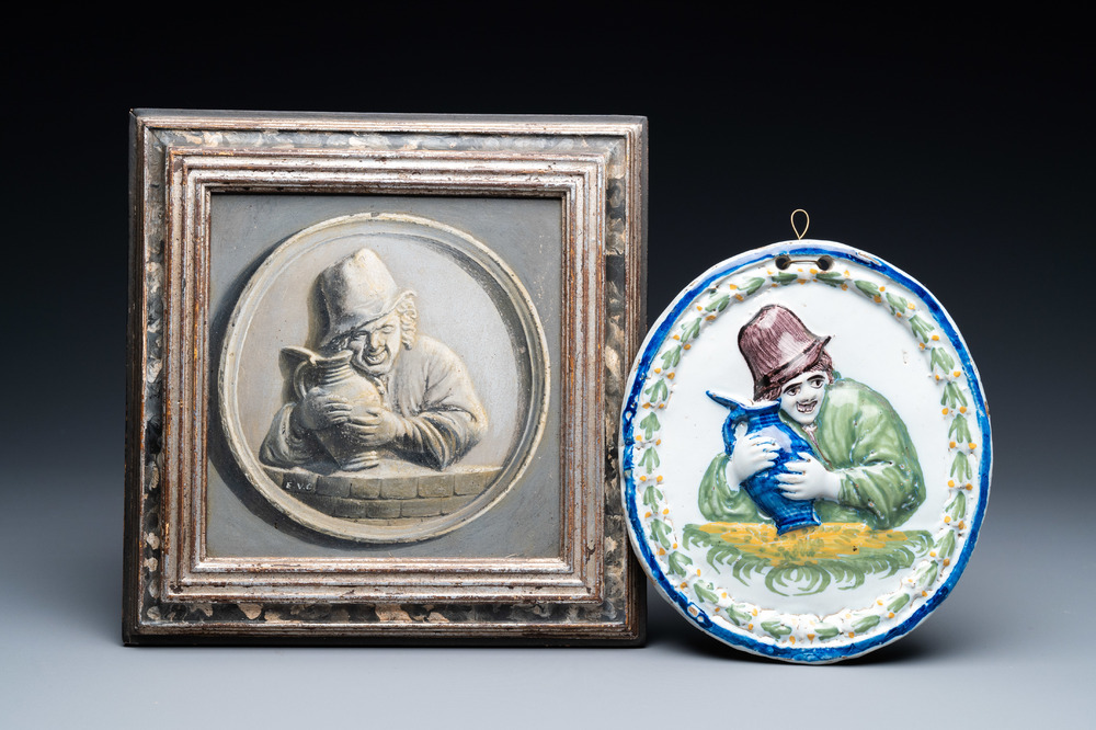 A polychrome Brussels faience oval molded plaque and a matching grisaille painting on copper of a man with a jug, early 19th C.