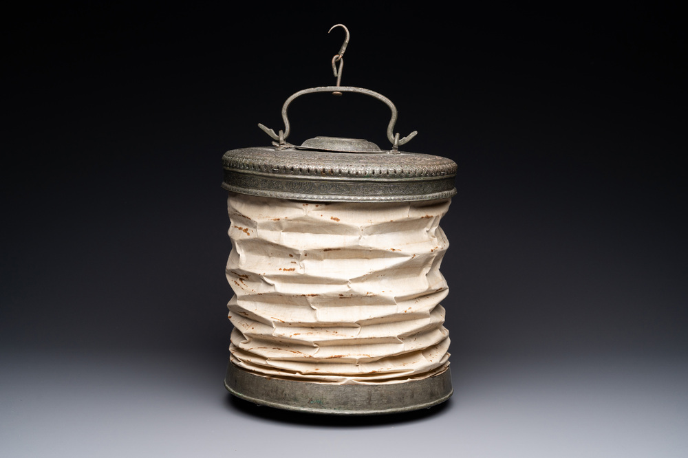 A Qajar tinned copper and folding paper lampion lantern, Iran, 19th C.