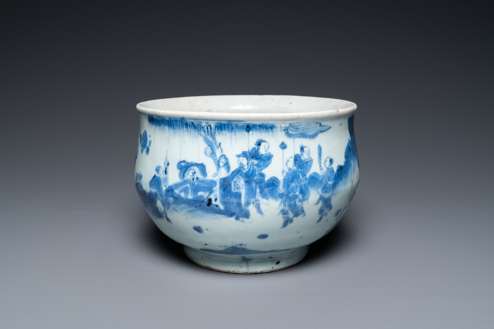 Een Chinese blauw-witte wierookbrander met figuren in een landschap, Transitie periode