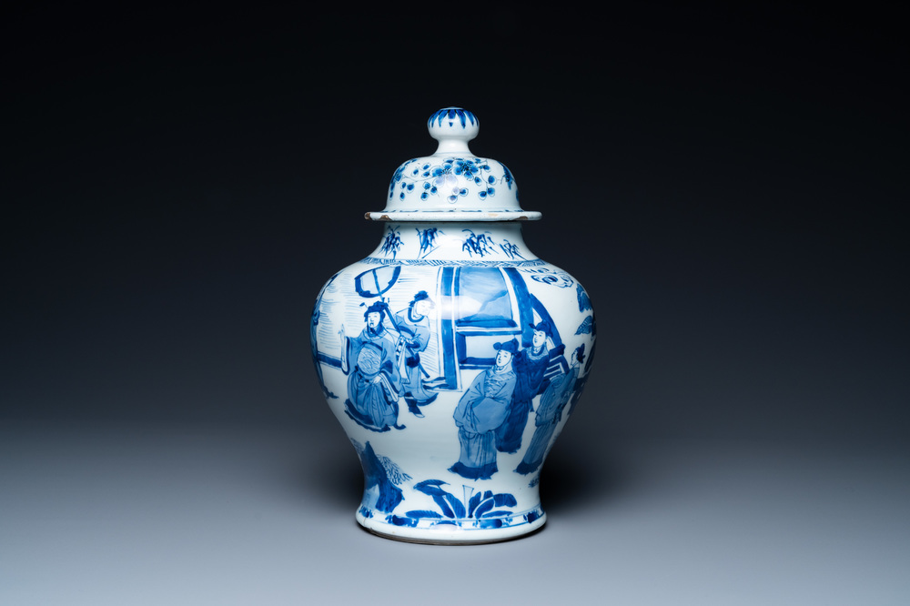 A Chinese blue and white vase with narrative design, Chenghua mark, Kangxi