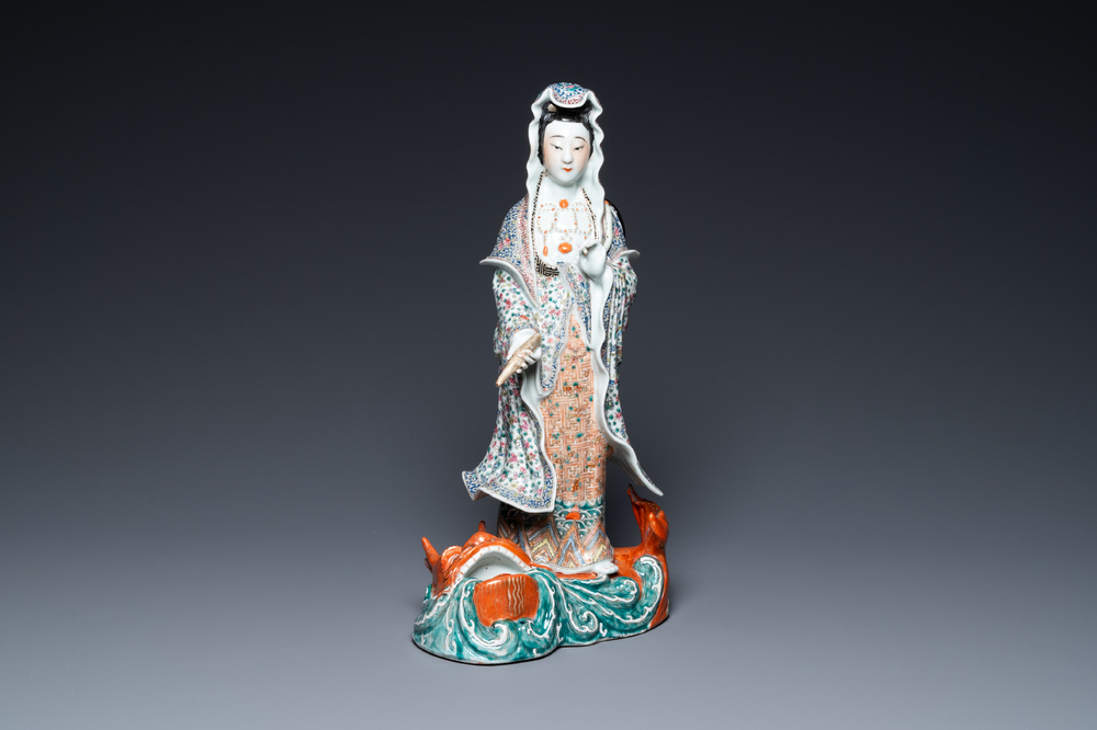 A large Chinese famille rose figure of Guanyin on a fish, Hui Guan Deng Chang Rong Zao mark, 19th C.