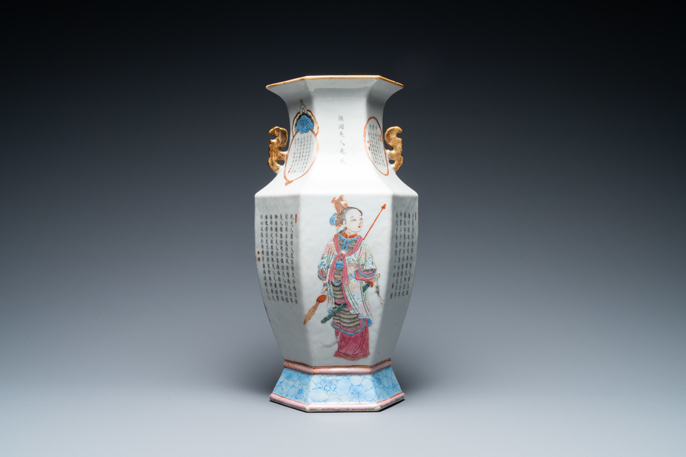 A Chinese famille rose 'Wu Shuang Pu' hexagonal vase, 19th C.