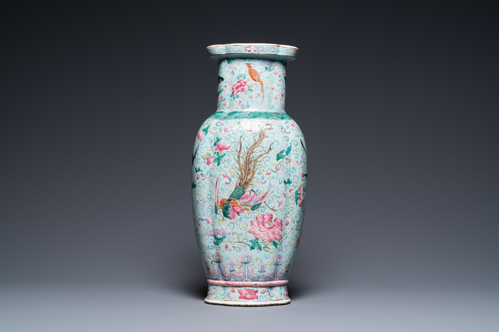 A Chinese famille rose turquoise-ground vase, 19th C.