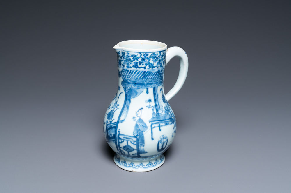 A Chinese blue and white ewer with a lady in an interior, Yongzheng