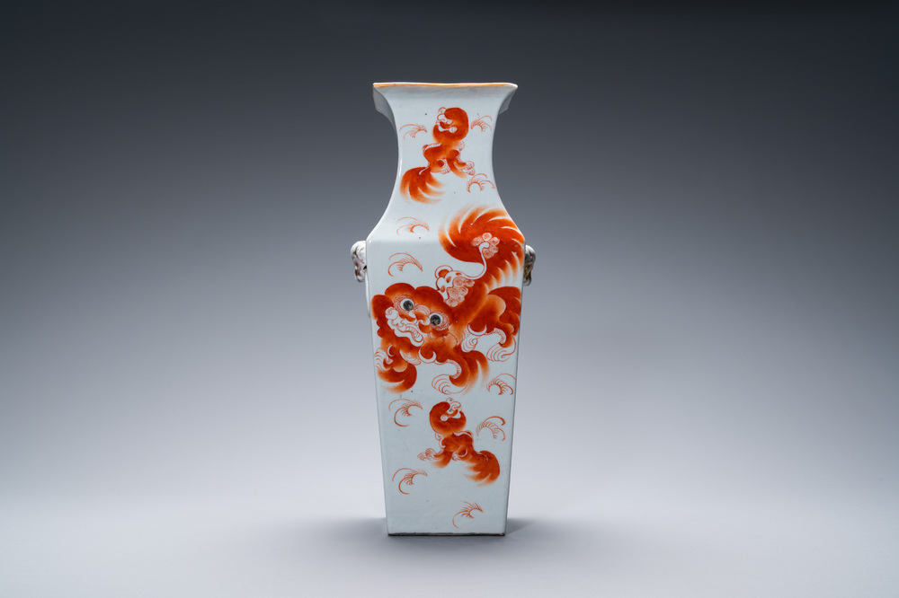 A Chinese square iron-red 'Buddhist lions' vase, 19th C.