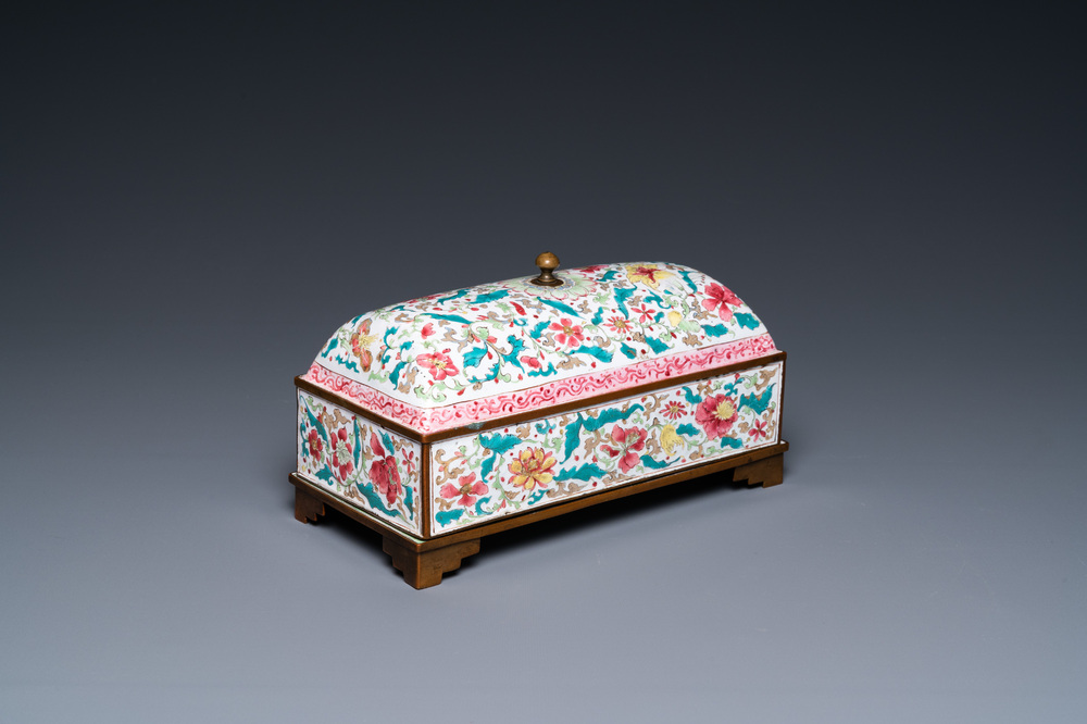 A Chinese rectangular Canton enamel desk set, Qianlong