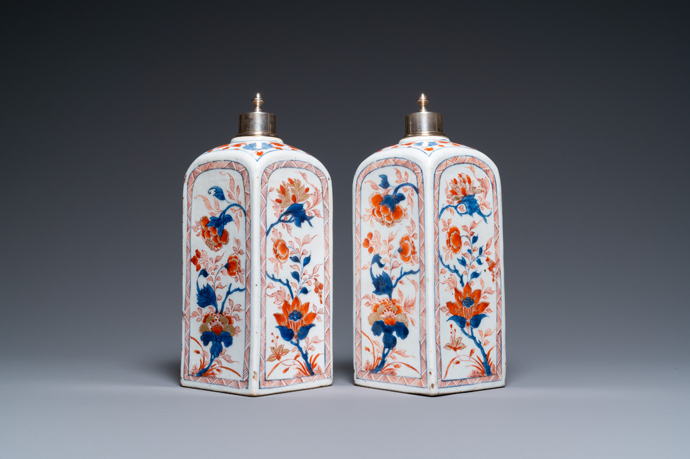 A pair of Chinese square Imari-style bottles with silver lids, Kangxi