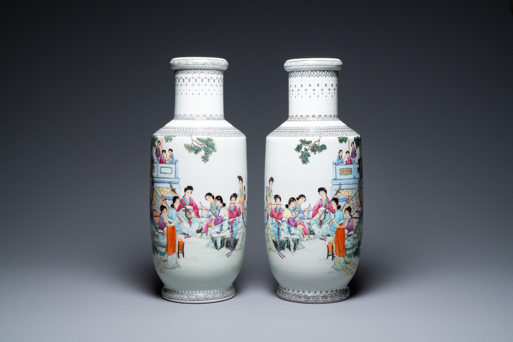 A pair of Chinese famille rose rouleau vases with musicians, Qianlong mark, Republic