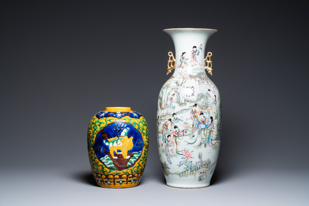 A Chinese two-sided design vase and a biscuit vase with mythical animals, 19/20th C.