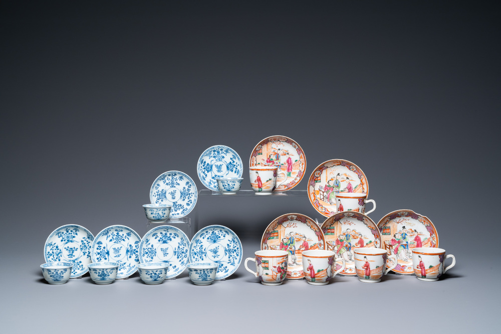 Six Chinese blue and white cups and saucers, six famille rose cups and five saucers, Kangxi/Qianlong
