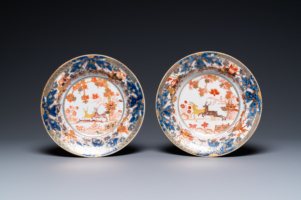 A pair of unrecorded and non-attributed European porcelain Imari-style 'deer' plates, 18th C.