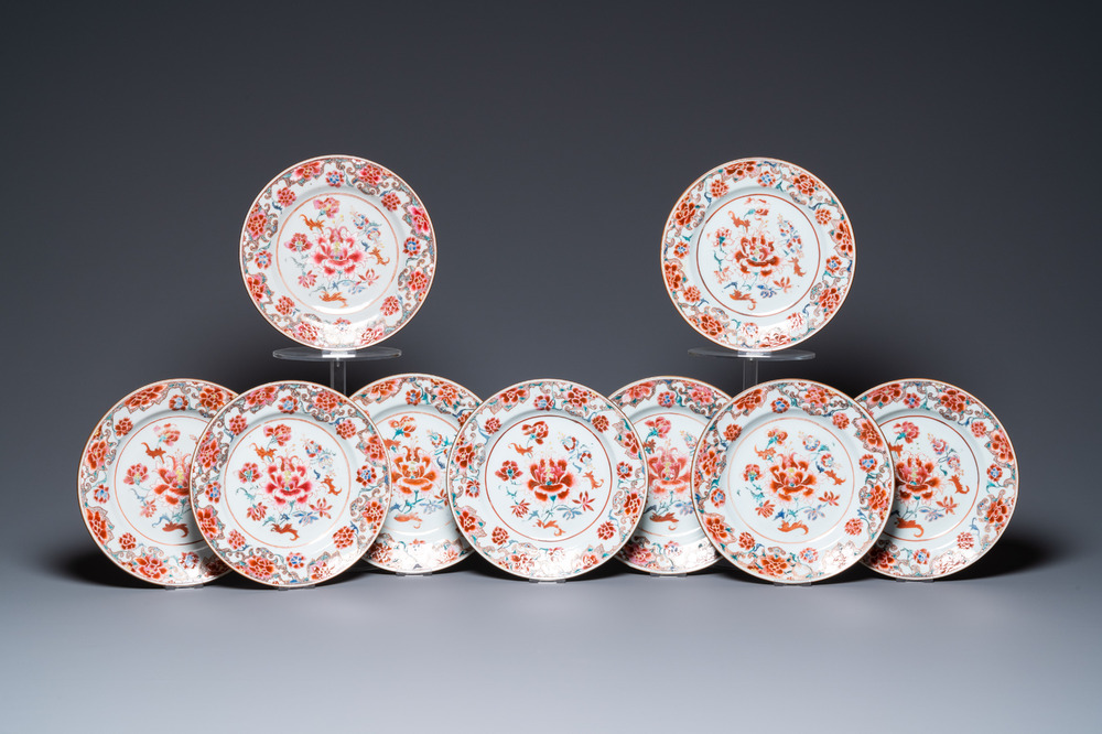 Nine Chinese famille rose plates with floral design, Qianlong