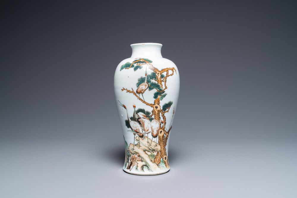 A Chinese qianjiang cai 'meiping' vase with cranes, Republic