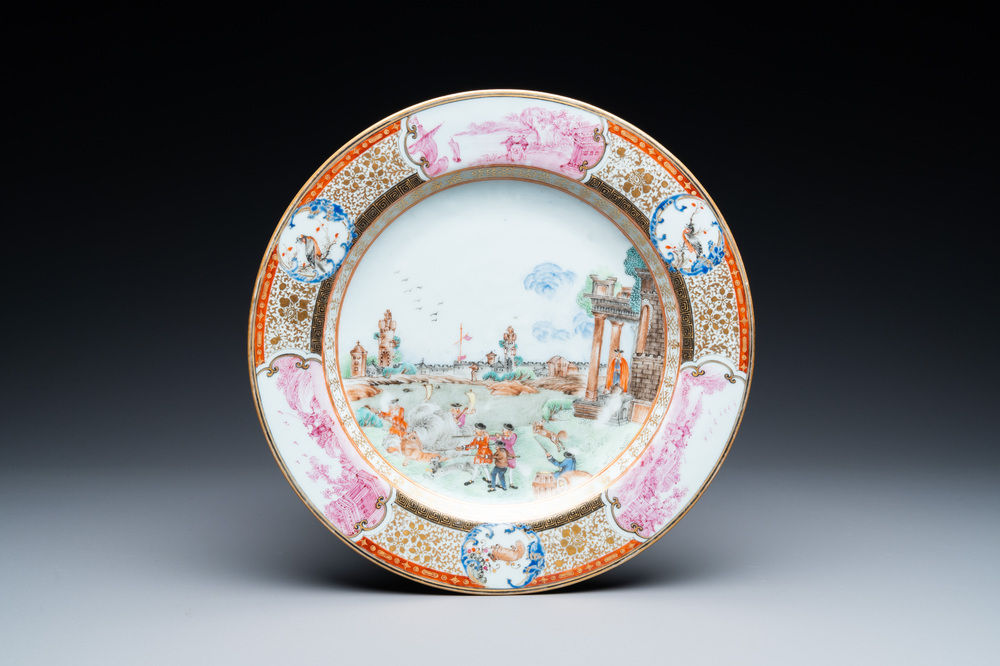 A Chinese famille rose 'Calcutta Tiger Hunt' plate, Qianlong