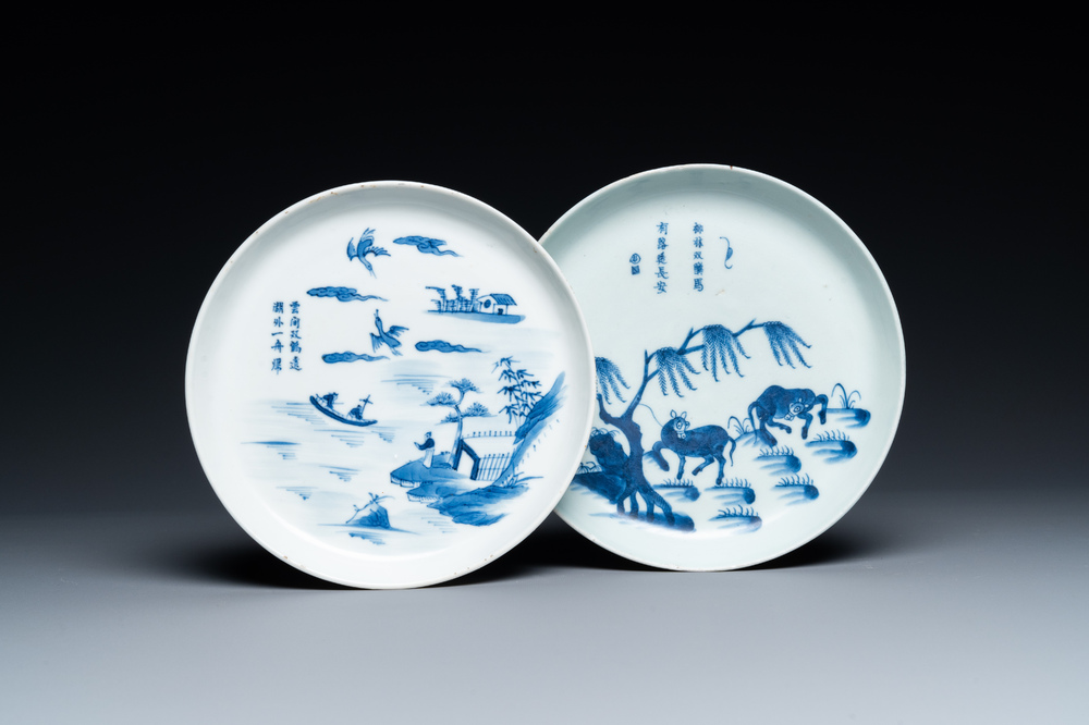 Two Chinese 'Bleu de Hue' plates for the Vietnamese market, Ngoan Ngoc mark, 19th C.
