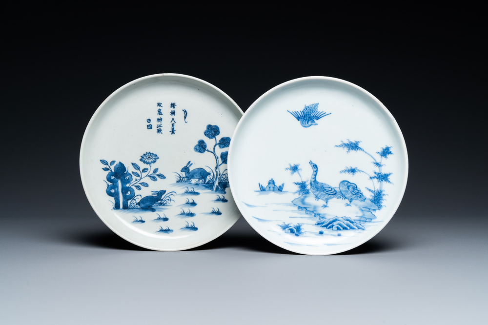 Two Chinese 'Bleu de Hue' plates for the Vietnamese market, Ngoan Ngoc and Tran Ngoc marks, 19th C.