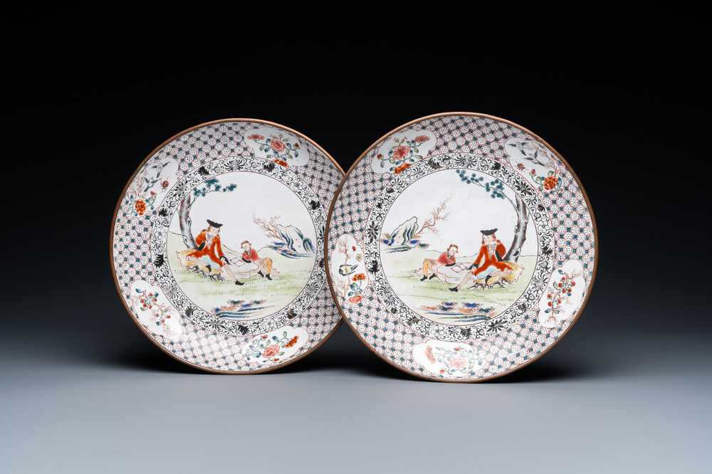 A pair of Chinese Canton enamel 'foreigner' plates, Qianlong