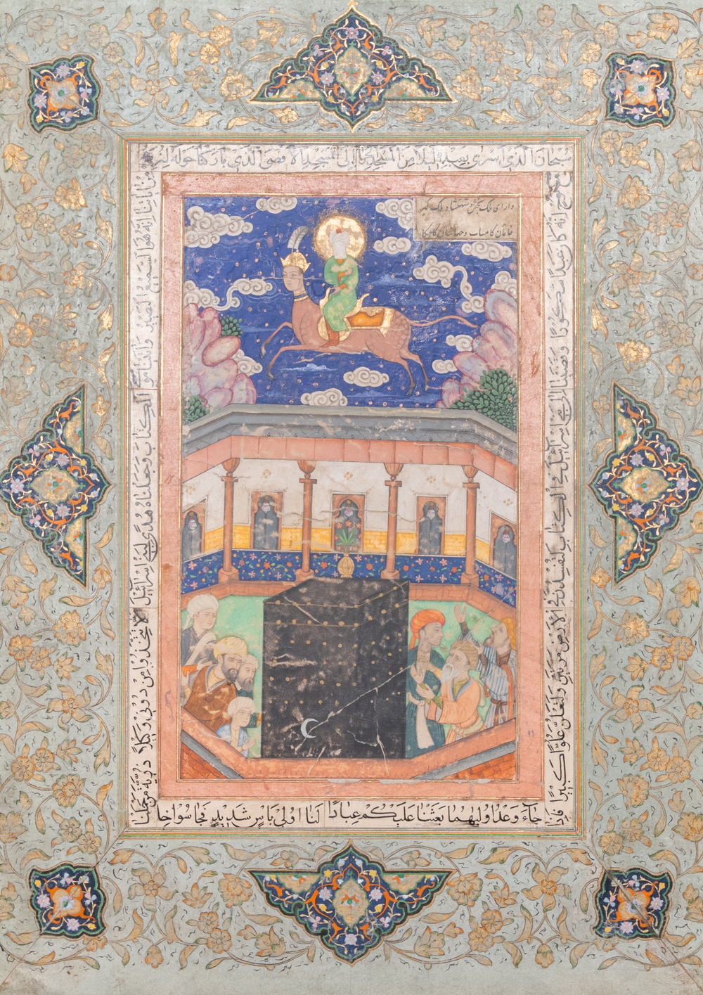 Perzische school, miniatuur: 'De Profeet Mohammed rijdt op zijn paard Buraq', gouache met goud opgehoogd op papier, 19e eeuw