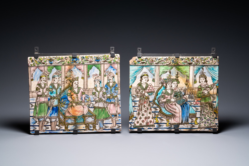 Two large rectangular Qajar tiles, Iran, 19th C.