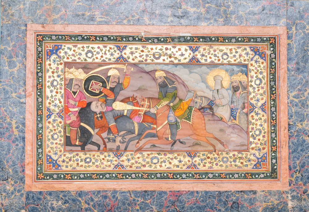 Qajar school miniature: 'The battle of Karbala', gouache and gilding on paper, Iran, 19/20th C.