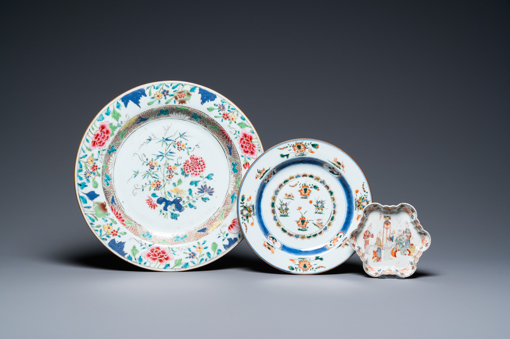 A Chinese famille rose dish, a teapot stand and a famille verte plate, Kangxi/Qianlong