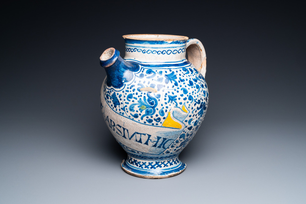 An Antwerp maiolica blue, white and yellow wet drug jar inscribed S DE ABSINTHIC, 3rd quarter 16th C.