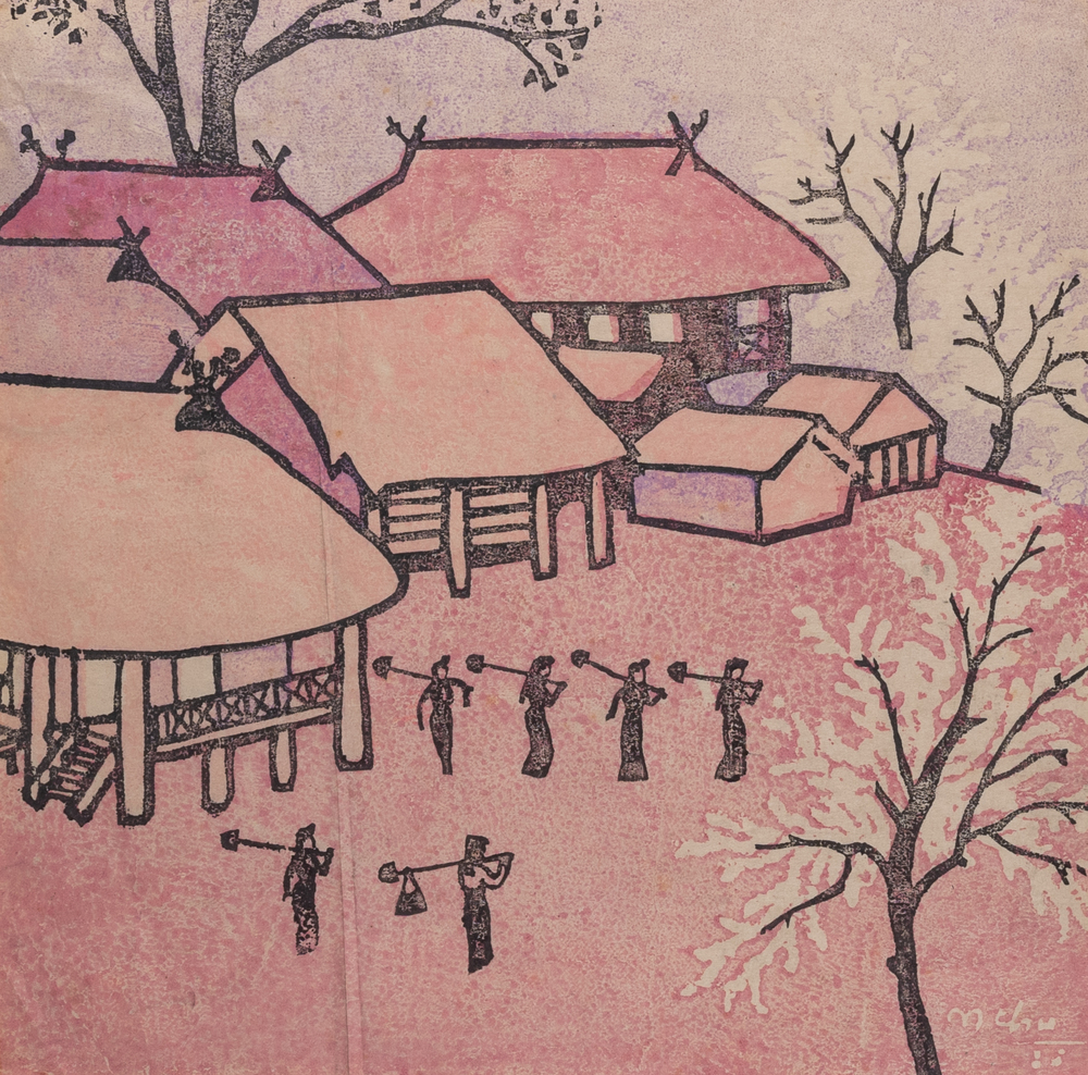 Nguyen Thu (Vietnam, 1930-): 'Workers at a mountain stilt house village', linogravure, sign&eacute; et dat&eacute; 1988