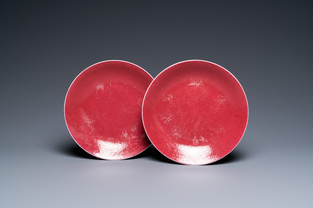 A pair of Chinese monochrome ruby red plates, Jiaqing mark and of the period