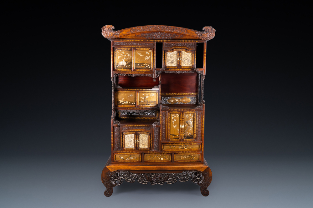 A Japanese 'chigaidansu' gilt-lacquered wood cabinet with finely carved ivory insets, Meiji, 19th C.
