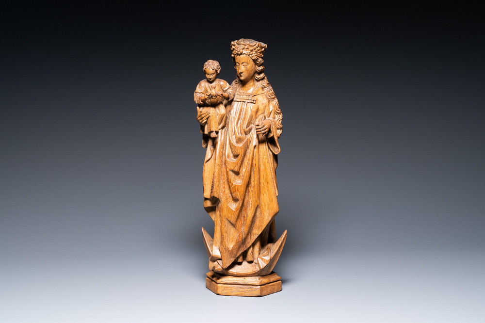 A large carved oak Madonna and child on a crescent moon, The Netherlands, probably Utrecht, last quarter 15th C.