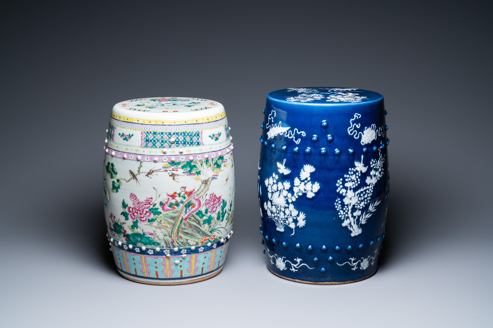 Two Chinese garden seats in famille rose and white slip-decorated blue-ground porcelain, 19th C.