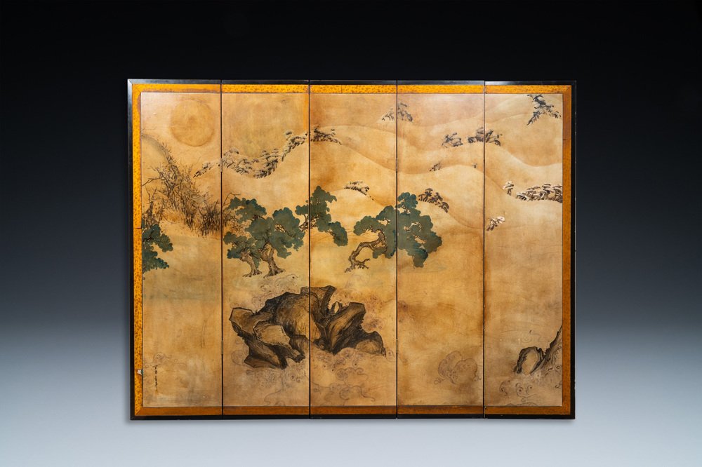A Japanese painted five-panel 'Byobu' folding screen with a landscape, signed Zi Yu Ji Yang - 子玉吉羊, Edo, 18/19th C.