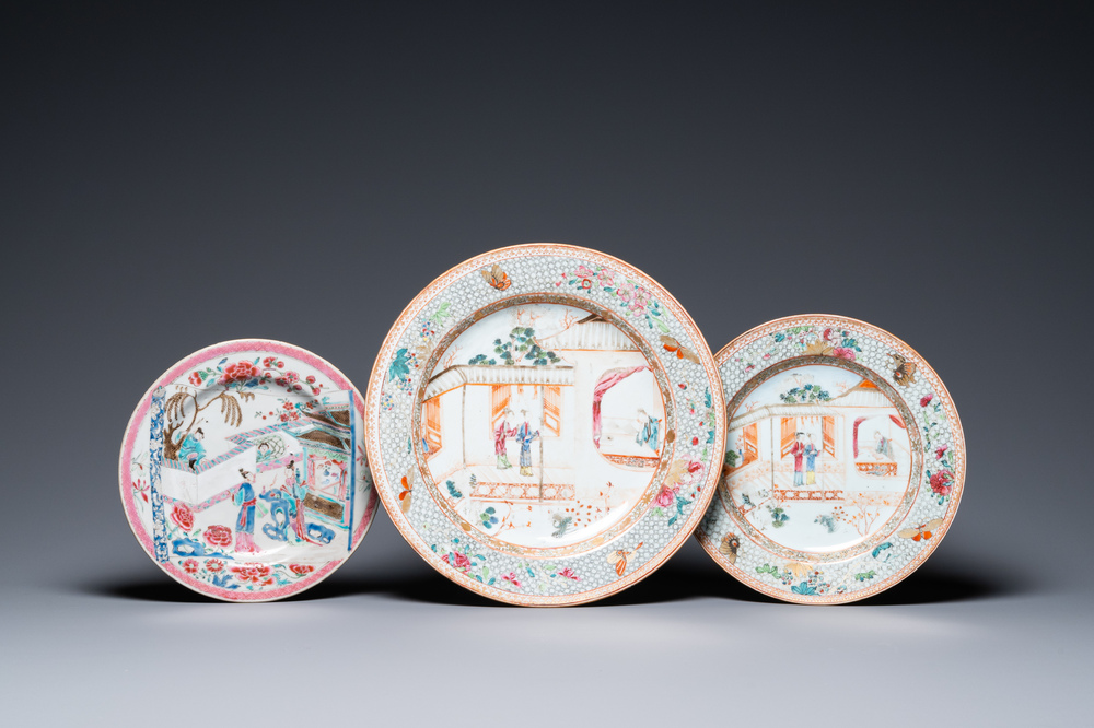 Trois plats en porcelaine de Chine famille rose, Yongzheng/Qianlong