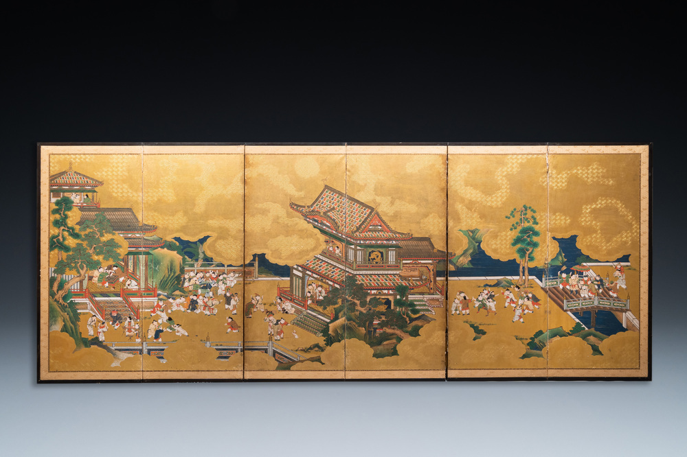 A Japanese painted six-panel 'Byobu' folding screen with playing boys, Edo, 18/19th C.
