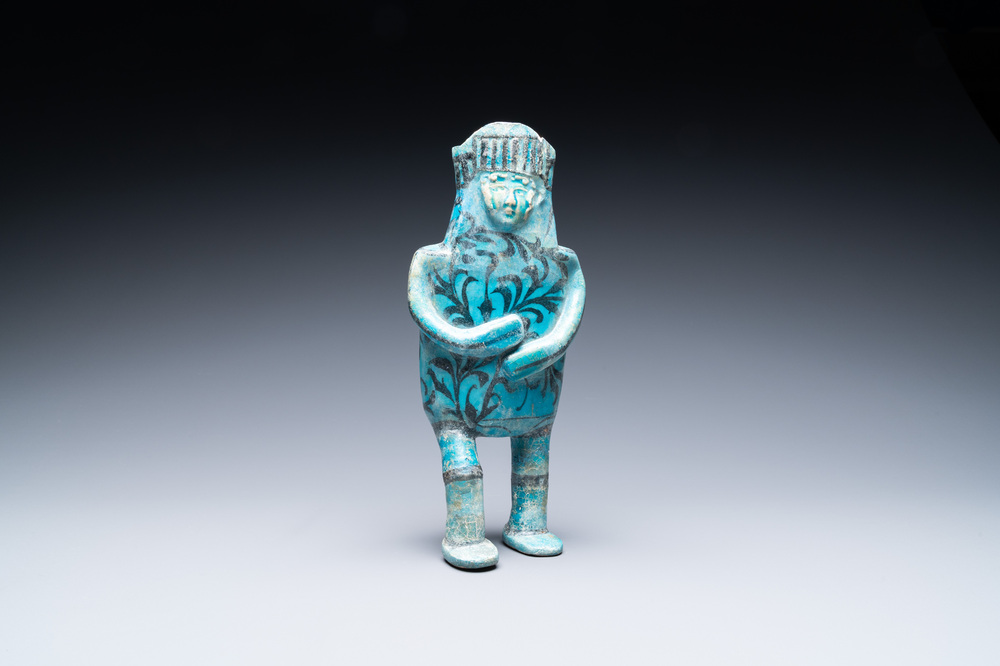 A composite turquoise- and black-glazed pottery figurative ewer, Kashan, Iran, 12/13th C.