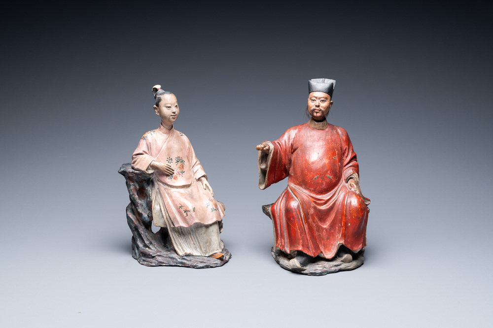 A pair of Chinese painted pottery nodding head figures, Qianlong