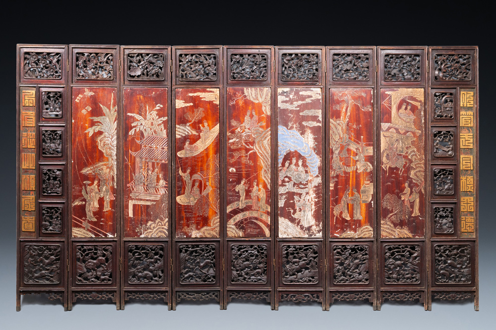 A Chinese nine-panel coromandel lacquer screen, dated 1797