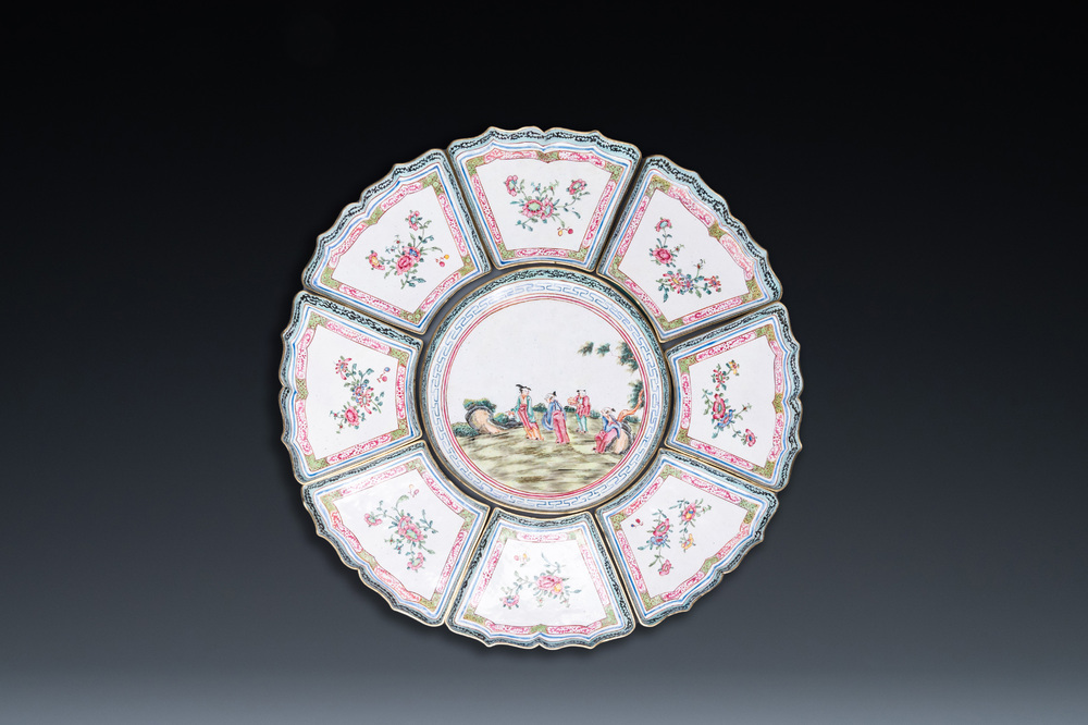 A Chinese nine-piece Canton enamel sweetmeat set, Qianlong