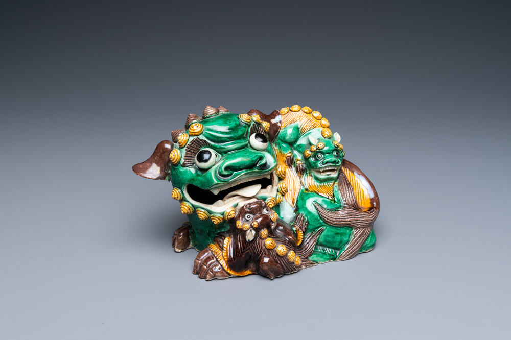 A Chinese verte biscuit model of a Buddhist lion, Kangxi